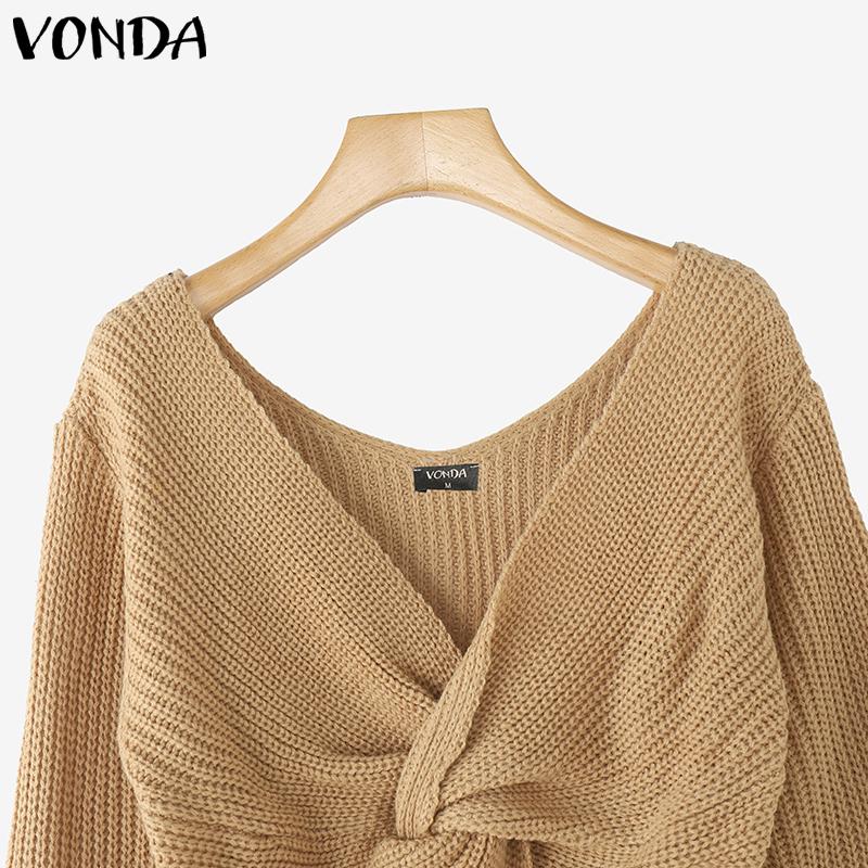 VONDA Women Casual Autumn V Neck Long Sleeve Twisted Cropped Sweaters Knitwear