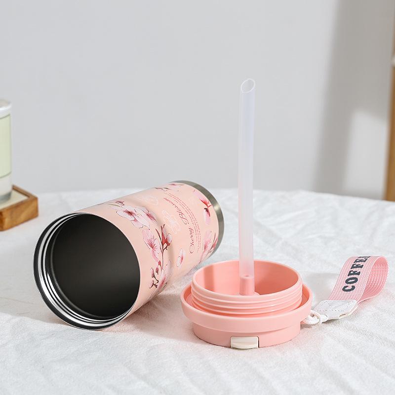 2025 316 Izolovaný hrnek na kávu pro ženy: Elegantní cestovní hrnek s dvojitou stěnou a designem konvalinek