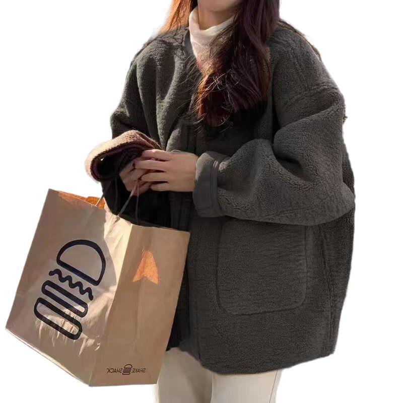 Khaki Lambswool Coat for Women: 2025 Autumn/Winter Korean Design