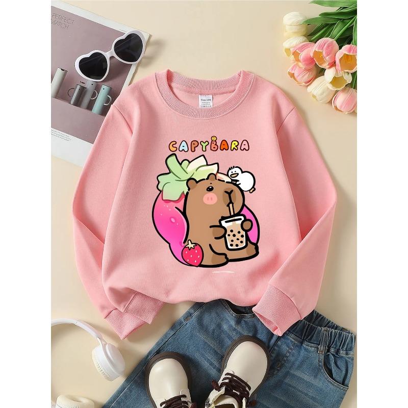 European sizes Kids' Crewneck Sweatshirt - Capybara Strawberry Milk Tea Duck , Sportswear And Casual Wear, Soft And Comfortable, Children's Clothing