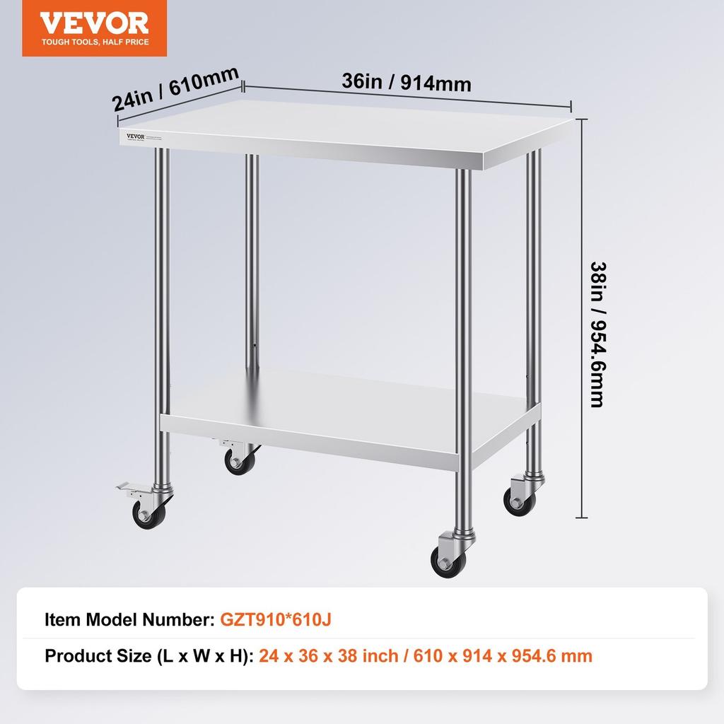 Stainless Steel Work Table Commercial Prep Table 24x36 Inch With 4 Casters