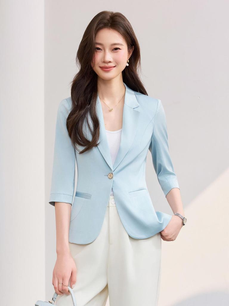 White Women's Casual Slim-Fit Blazer with Mid-Sleeves