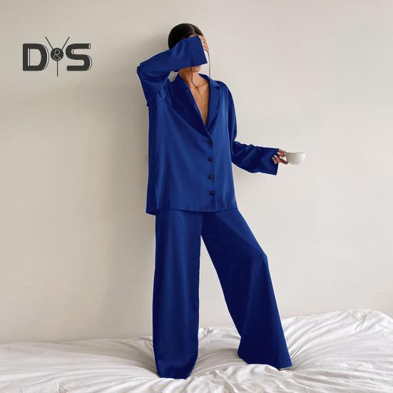 2 Pcs/Set Women Shirt Pants Set Homewear Suit Loose Lapel Long Sleeve Loose Solid Color Single-breasted Wide Leg Straight Soft Lady Spring Fall