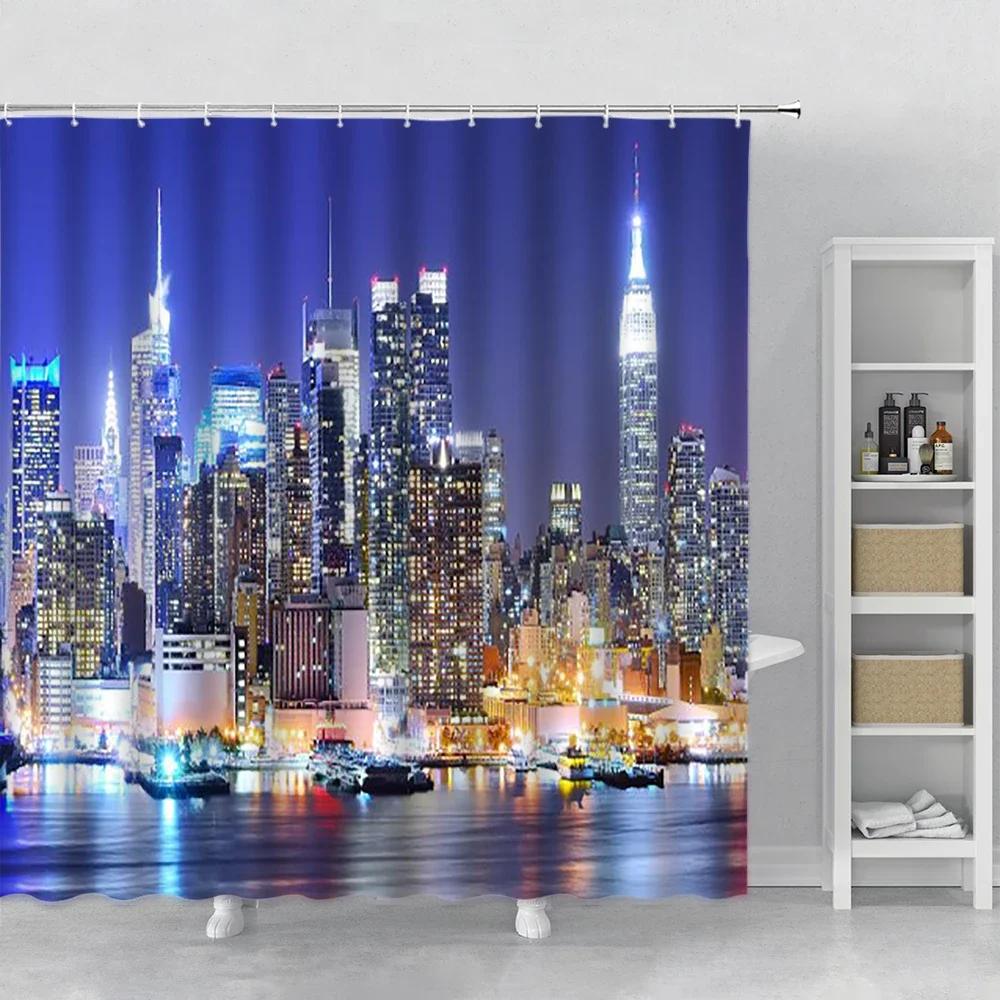 Landscape Shower Curtain New York City Night Scenery Waterproof Bath Curtain Set Polyester With Hook Bathroom Supplies Decorate