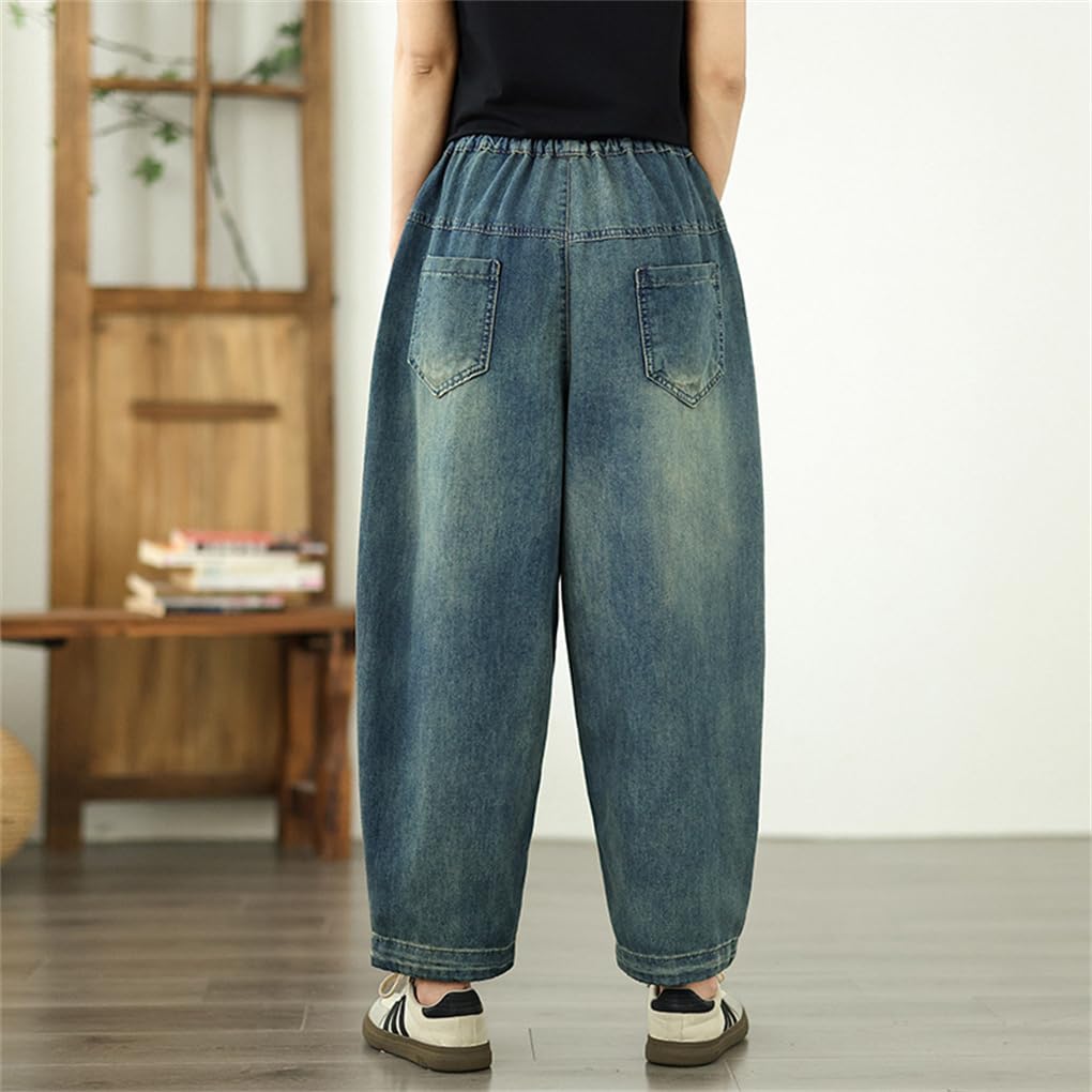 Mouhoukyo Women's Denim Jeans, Tapered Pants, Slimming, Cropped Length, Loose Fit, Casual, Stylish, Elastic Waist, Sizes M-2XL (Color shown, XL)