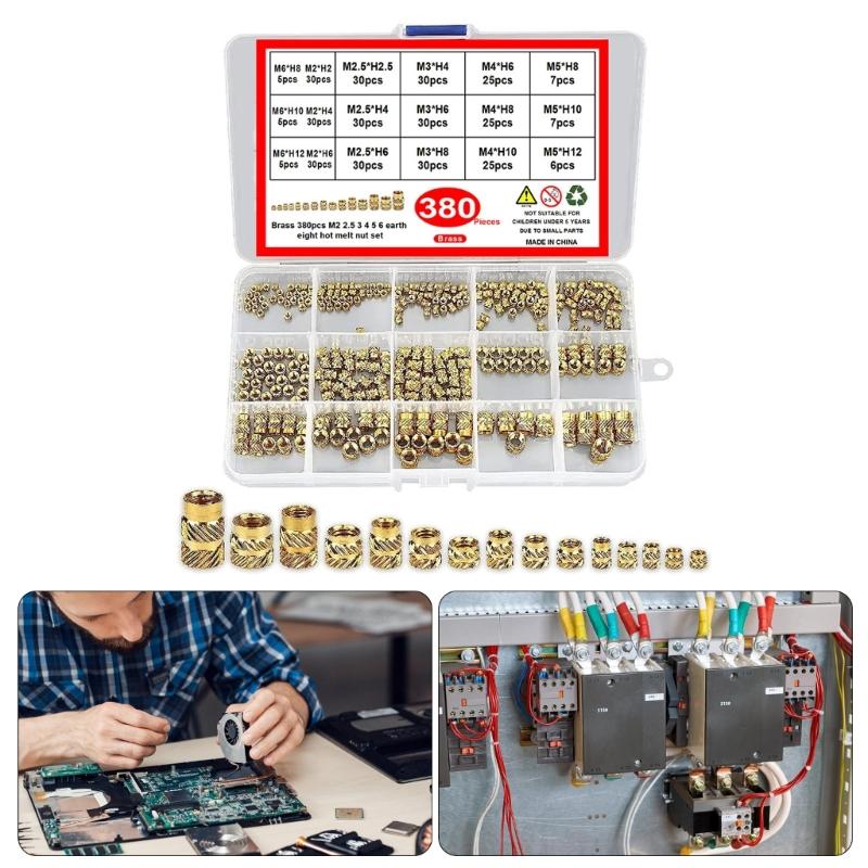 380Pcs Threaded Inserts 2/2.5/3/4/5/6mm Metric Knurled Nut Brass Embedding Nut for Printing 3D Printer Parts