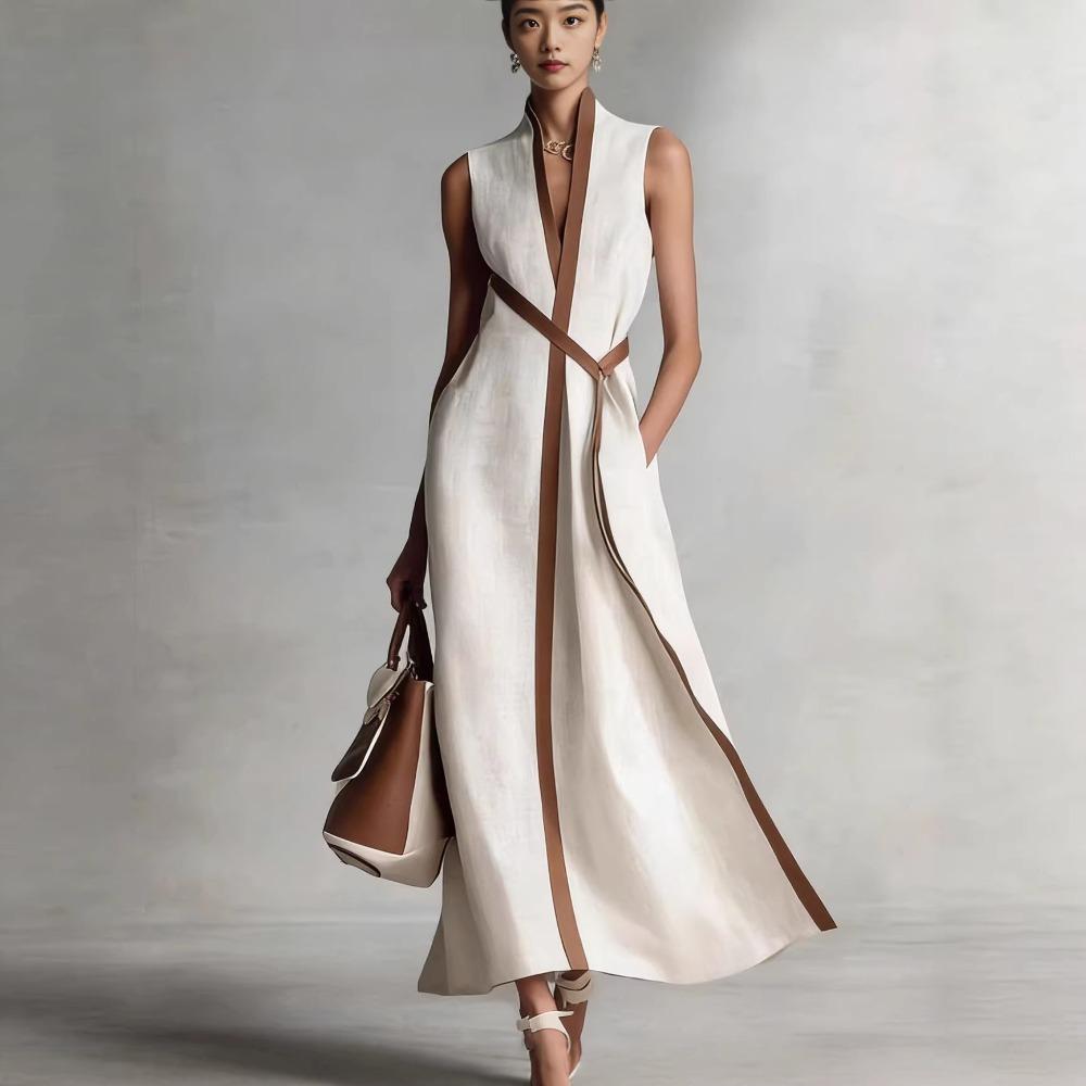 European and American summer stand-up collar sleeveless casual contrasting color loose dress