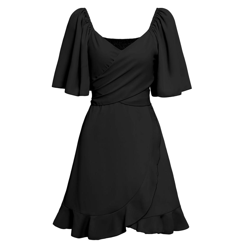Women Spring Solid Color V-Neck Short Lotus Leaf Sleeve Short Dress Summer Casual A-Line High Waist Above Knee Dresses S-XL