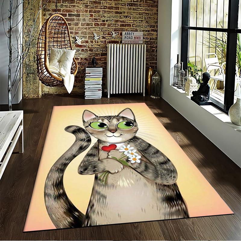 Cute Cartoon Cat Carpet with Heart and Flowers On Sunny Background Suitable for Use As an Anti-slip for Living Room Bedroom Sofas