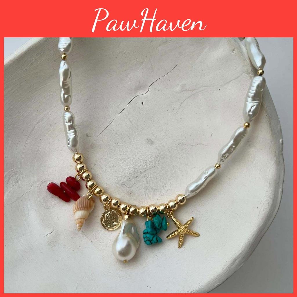 Bohemian Style Colorful Pebble Starfish Necklace With Irregular Pearl Bead Chain For Women