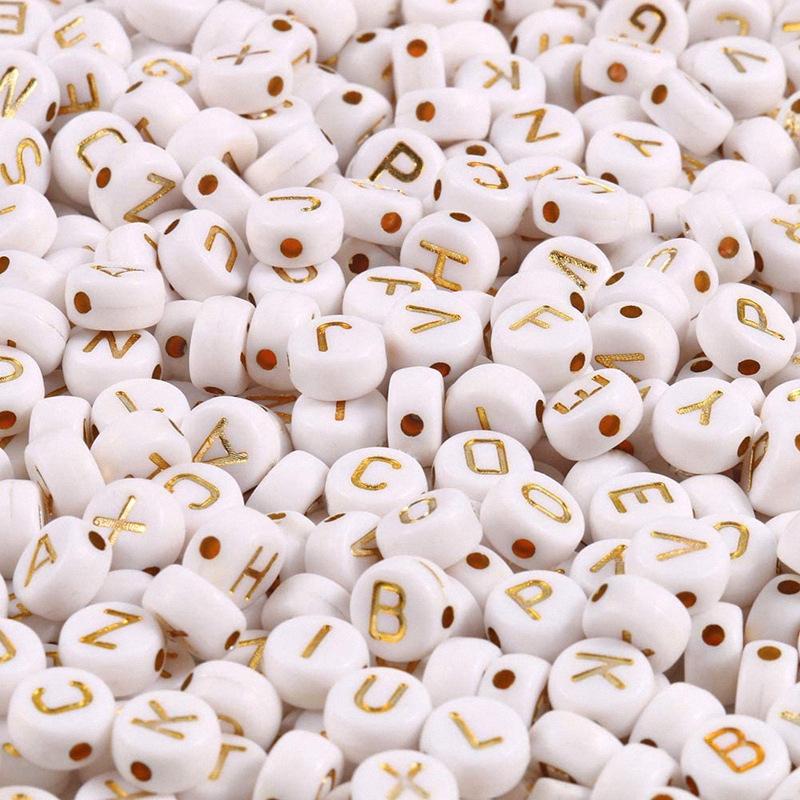 

Acrylic Alphabet Beads: 4x7MM White Background with Gold Letters for DIY Jewelry and Crafts L