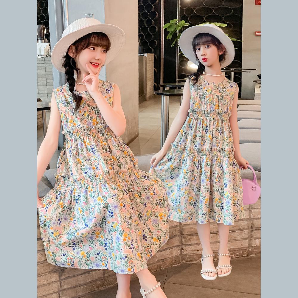 

Girl Sleeveless Floral Print Dress Children Kid Casual Summer Beach Sundress Princess Dresses Clothes 160 зелёный