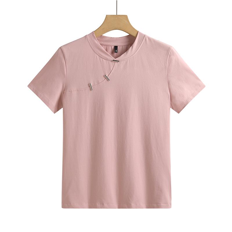 Enhanced Slim Fit Minimalist Cotton T-Shirt with Chinese and Korean Style Buttons - Short Sleeve Women's Top