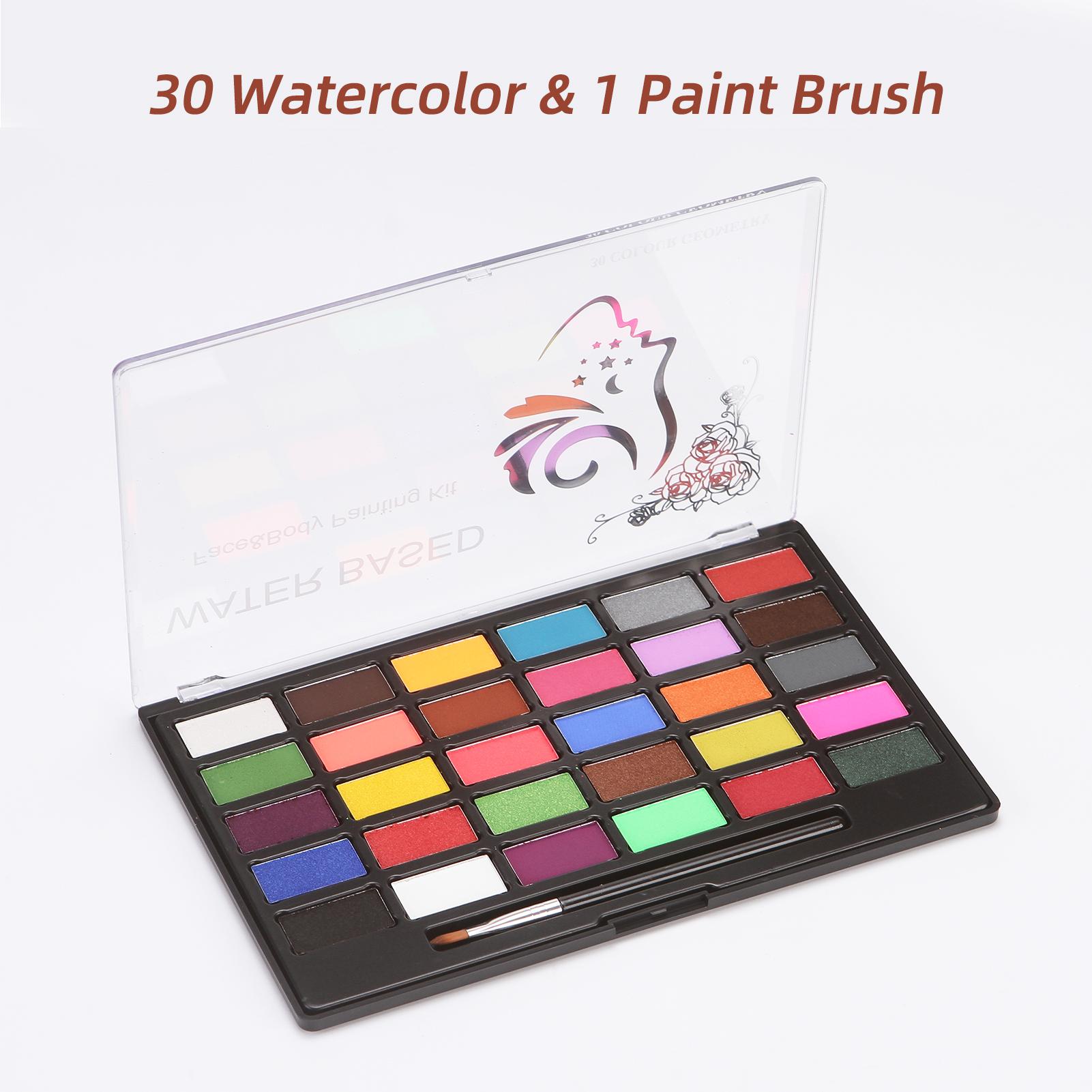 

Watercolor Paint Set 30 Colors Set Professional Face Paint Kit with 1 Brush Safe & Non Toxic Water Based Face and Body Painting Makeup Hypoall