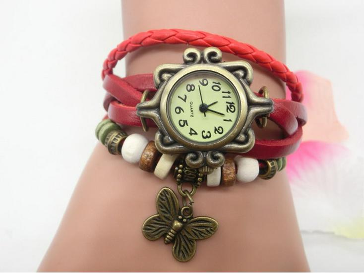 

Vintage-Style Leather Bracelet Watch with Butterfly Pendant for Ladies & Kids.
