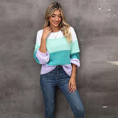 Suéter casual feminino de malha solta com patchwork de outono e inverno