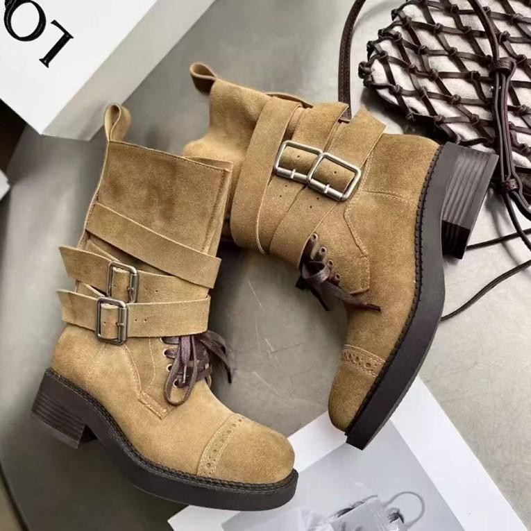 Fashion NEW Women's Classic Casual Mid Calf Boots Leather Boots Woman Thick Sole Round Toe Square Heels Knight Short Boots Woman