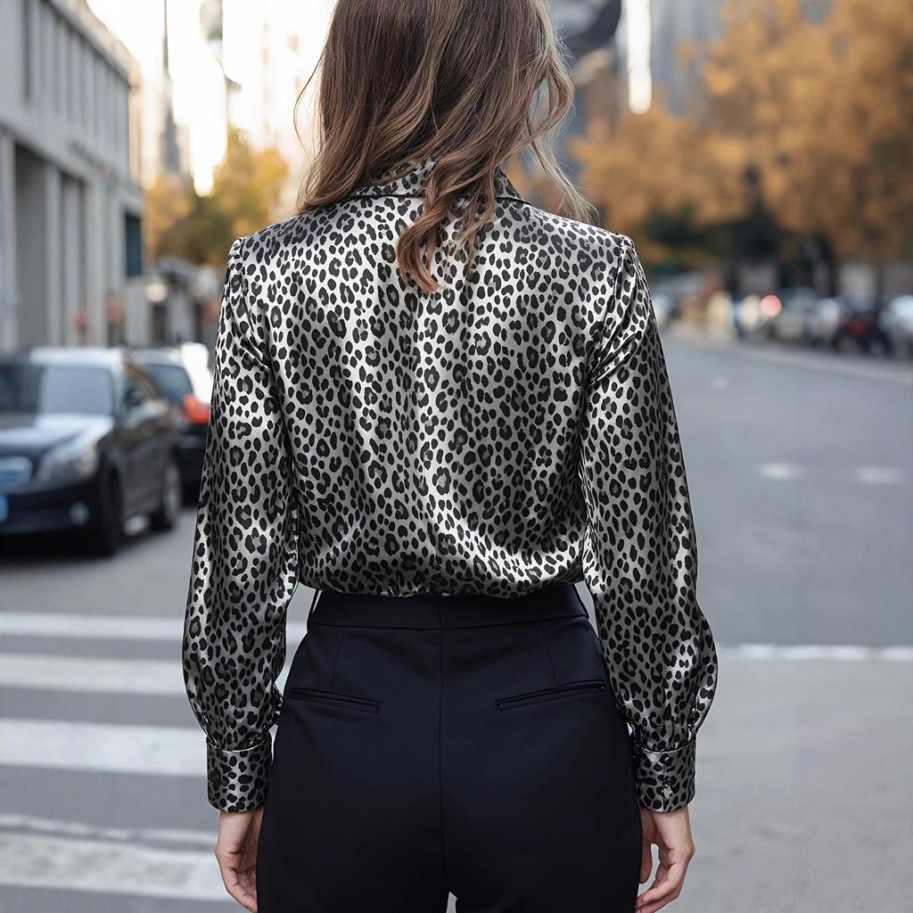 Europäisches & Amerikanisches Damen Frühjahr 2026 Leomuster Seiden Slim-Fit Langarmhemd