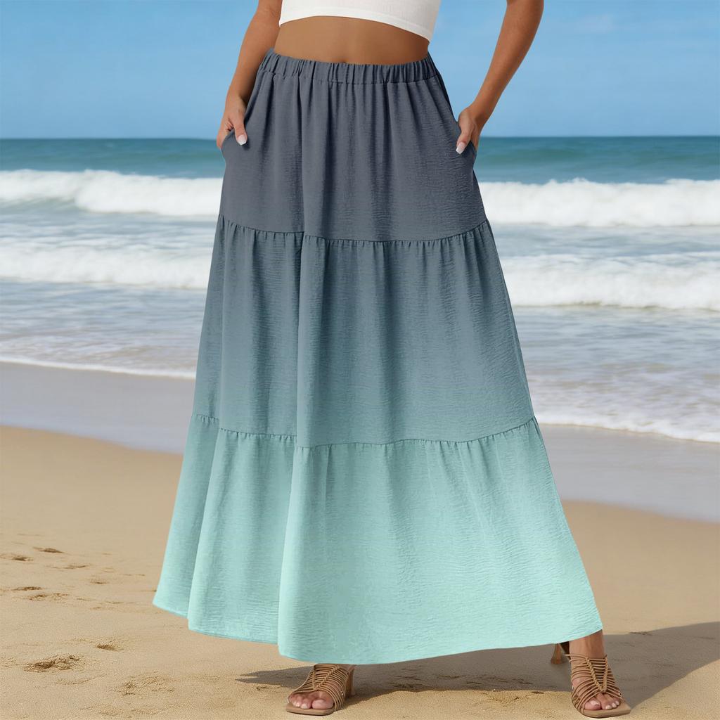 Women's Casual High Waist Drawstring A-line Skirt Color Skirt With Pockets