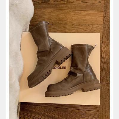 Grape Mother of the Same Style, Fashionable Thick Heel Thick Sole Thin Boots Round Head Pleated Back Zipper Stacked Short Boots Women's Leather