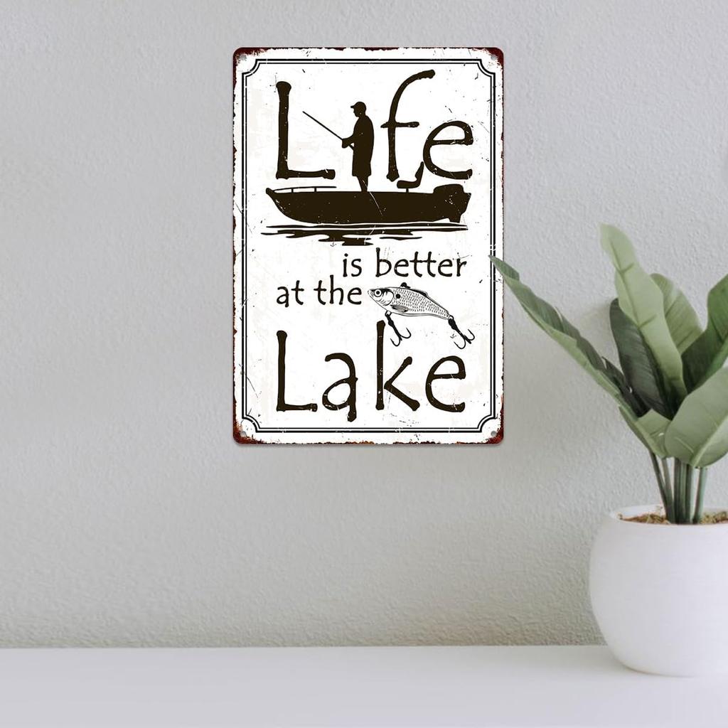 Funny Fishing Signs Life Is Better At The Lake Vintage Metal Fish Painting Art Printing Poster Wall Decor for Home Kitchen Bar Cafe Pub 12x8 Inch