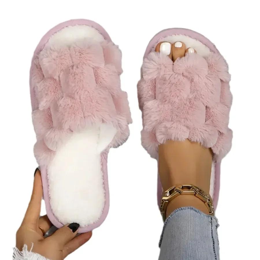 Fashion Women Fashion Fur Slippers Fluffy Warm Plush Slippers Woman Flat Non Slip Indoor Slides Open Toe Warm Non-slip Cotton Slippers