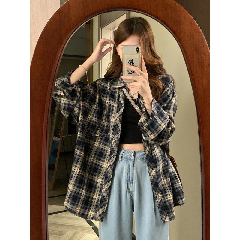 

Рубашка в клетку в стиле ретро Женская Весна/Лето 2025 Новое поступление Рубашка Стильный Тонкий тип Солнцезащитная Верхняя одежда Женская Navy S [Suggested 37.50 kg-45.00 kg]]