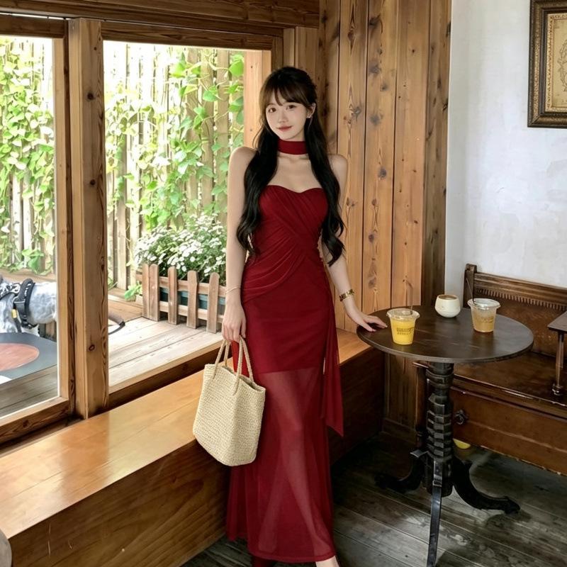 Seaside vacation wind streamer mesh tube top one-word shoulder dress Spice girl sexy fishtail hip-wrapped long dress 1011 summer