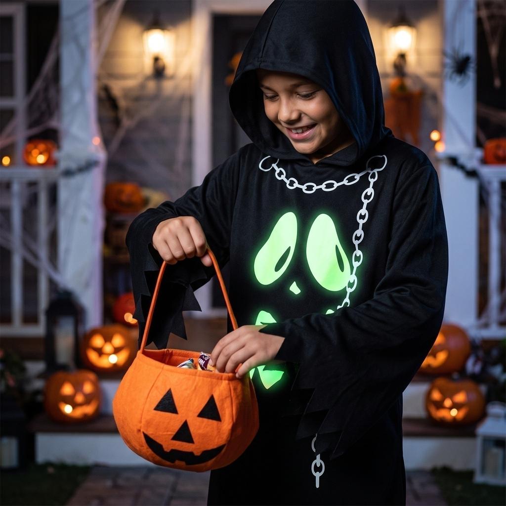 Children's Halloween Costume Set - in the Dark Cloak with Pumpkin Bag