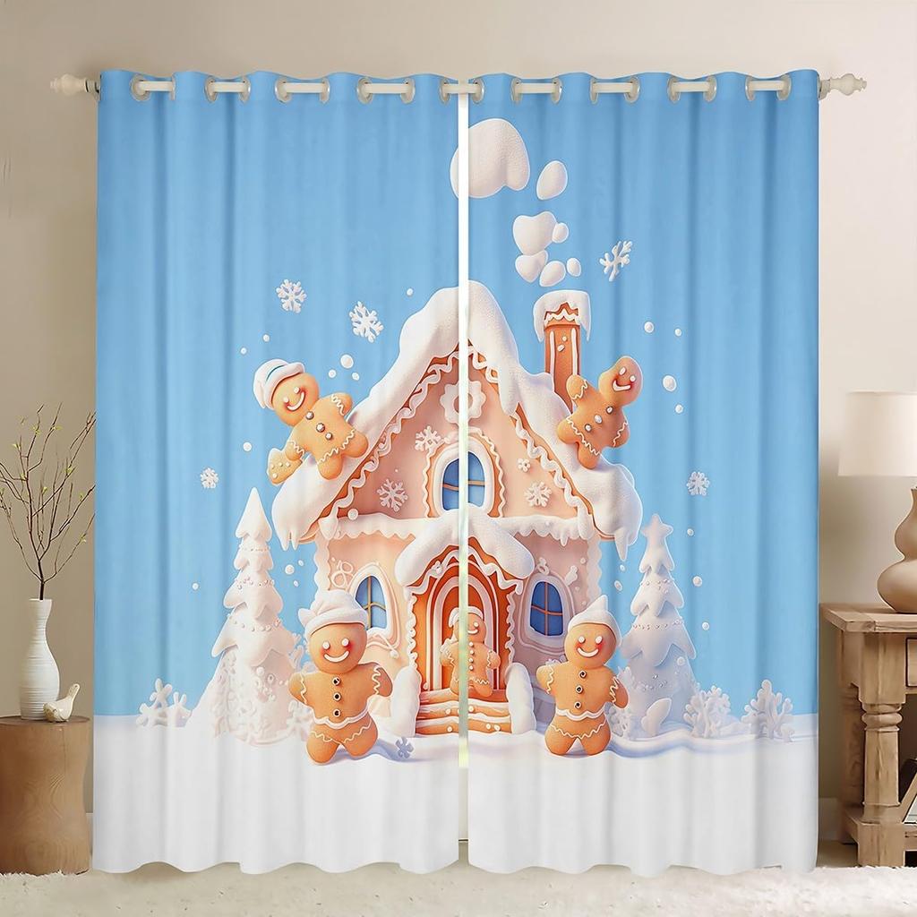 Christmas Gingerbread House Curtain Drapes Xmas Snowflake Window Curtains Kawaii Man Pattern Room Darkening Made Of Polyester