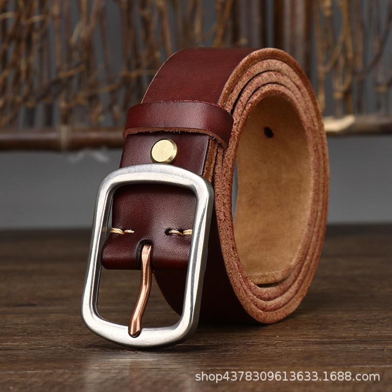 3.8CM Wide Retro Rough Thick Leather Belt Men's Stainless Steel Needle Buckle Cowhide Casual Denim Belt