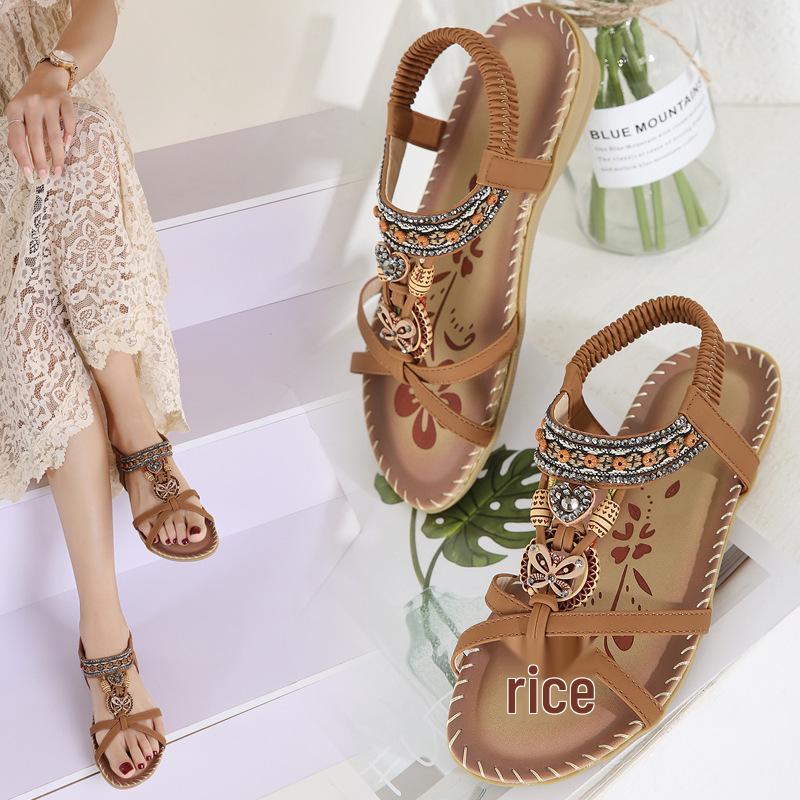 Bohemian Plus Size Rhinestone Flower Sandals - Spring 2025 Beach Open Toe