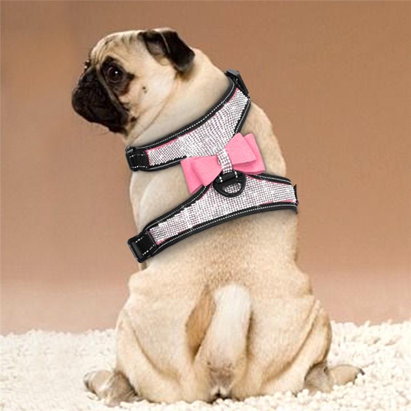 Bling Rhinestone Dog Harness Reflective Small Dog Harness With Cute Bowknot Mesh Nylon Puppy Cat Vest Adjustable For Dogs Pug