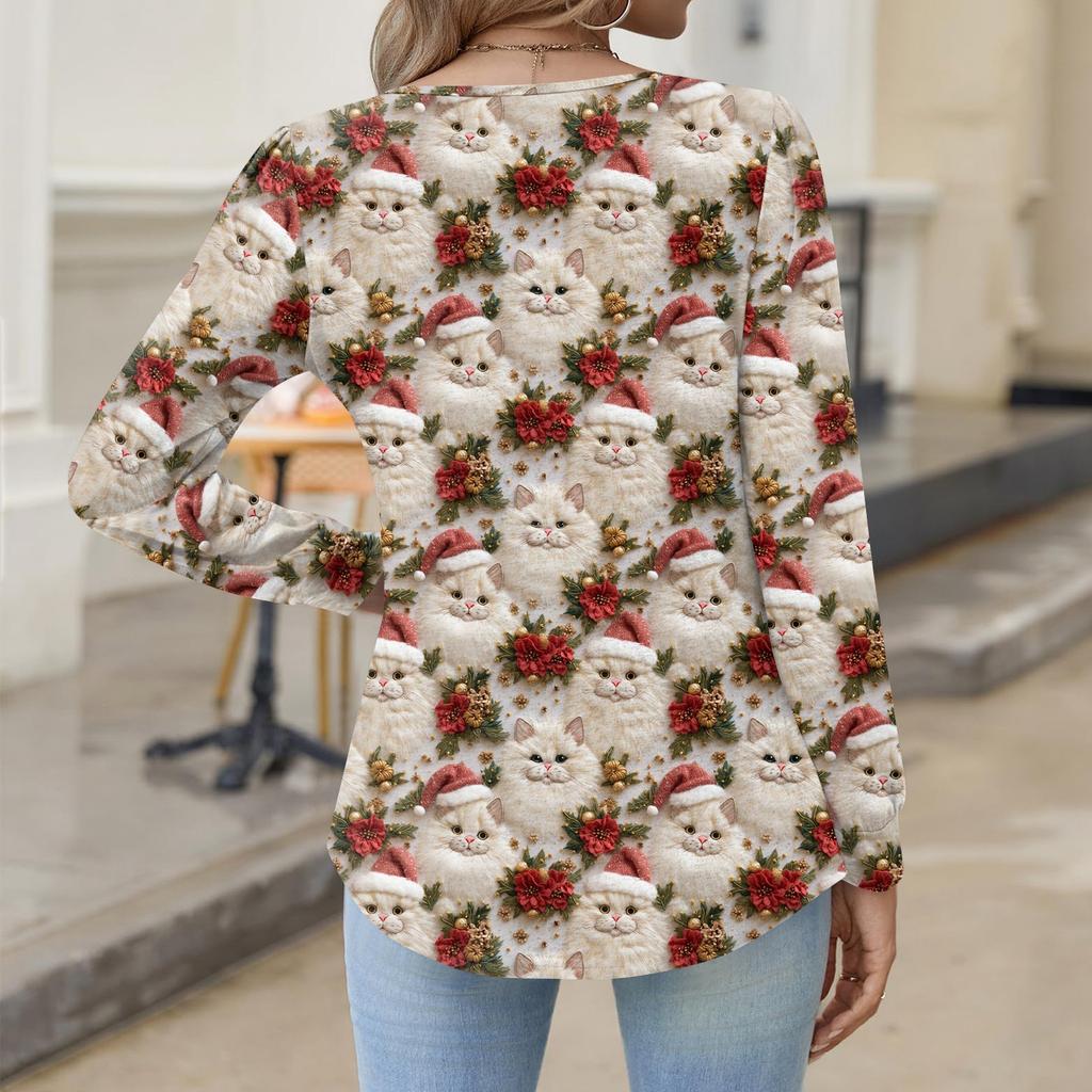 Women's Fashionable Casual V-neck Blouse Button Christmas Printed Long-sleeved Pullover T-shirt Top