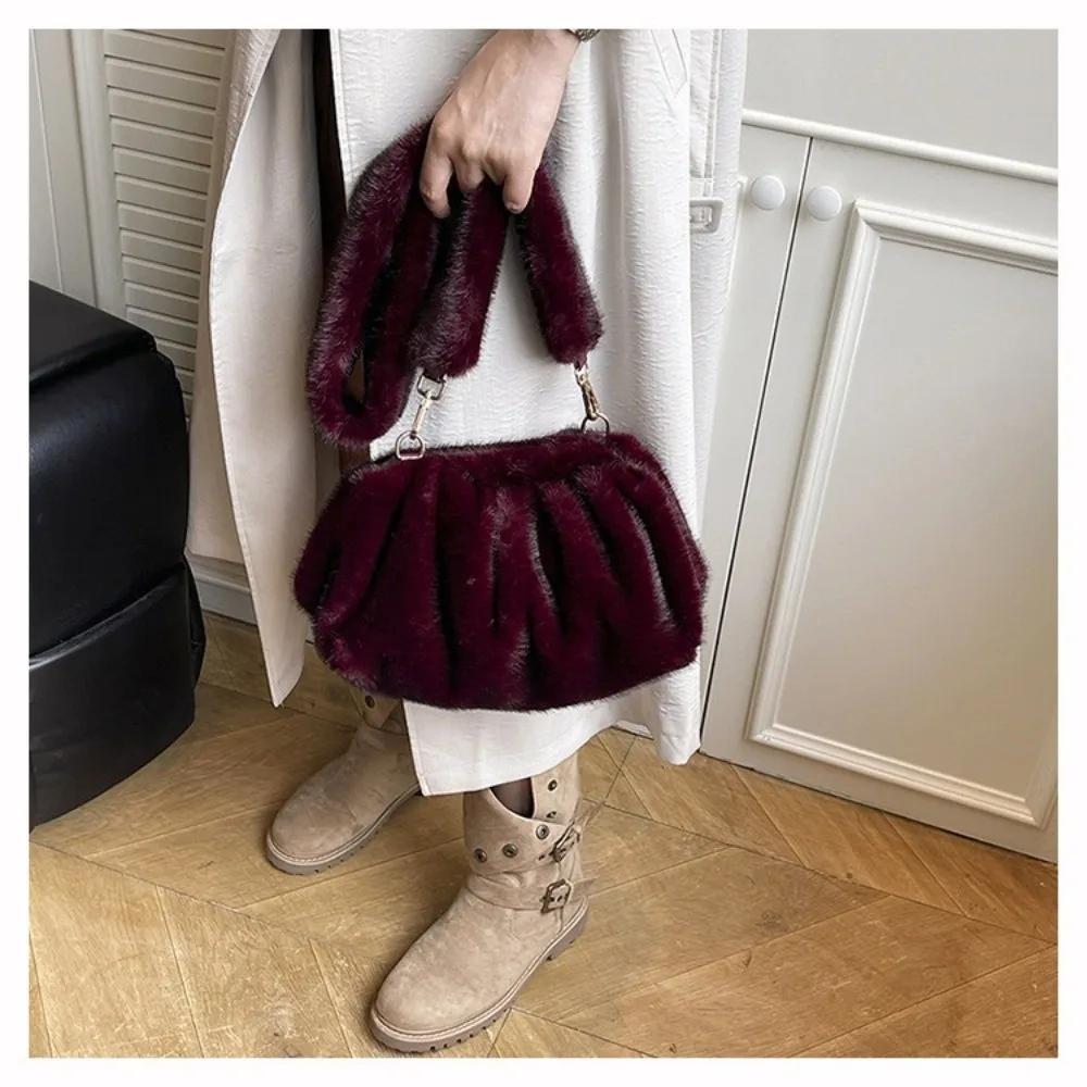Cute Large Capacity Crossbody Bag Wrinkle Relaxed Texture Mink Fur Shoulder Bag Solid Color Ladies Handbags Female