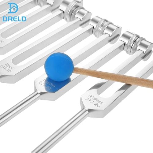 Dreld Chakra Tuning Fork Set, Solfeggio Tuning Fork Set, Silver, Includes 9 Chakra Tuning Forks and 1 Silicone Hammer (68.05 Hz, 126.22 Hz, 136.1 Hz,