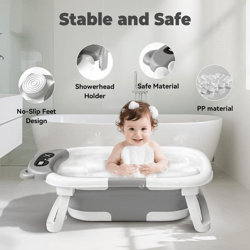Portable Travel Baby Bath Tub for Toddler 0-36 Month,foldable Bathtub with Real-time Temp Monitor&Soft Cushion for Newborn