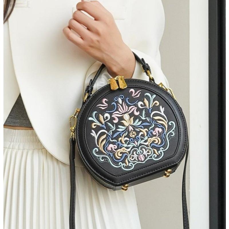 Vintage κέντημα στρογγυλή τσάντα ώμου, τσάντα χειρός με φερμουάρ, τσάντα κλασικής τάσης