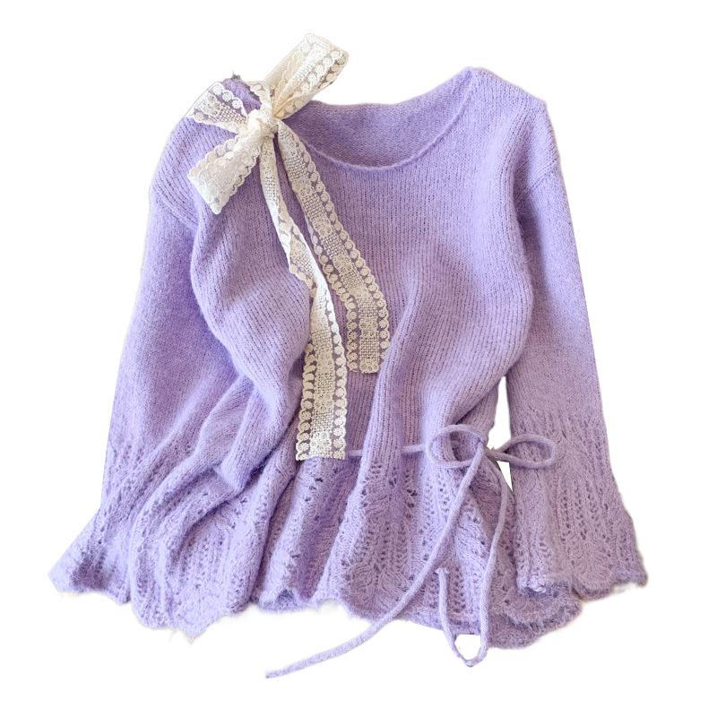 2025 Soft Purple Lace Bow Tie Knit Pullover for Spring & Autumn