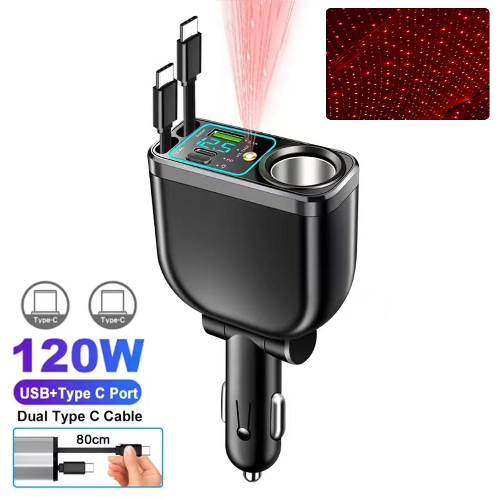 6-in-1 Car Charger with Retractable Type C ios Cable Cigarette Lighter Power Adapter PD USB Phone Charger with Voltage Display