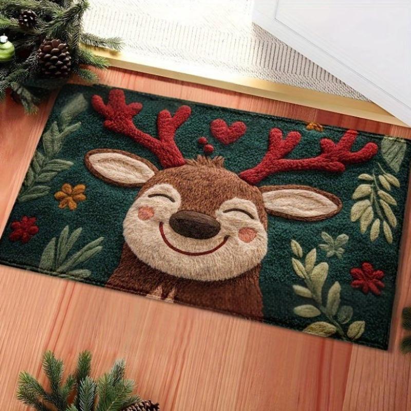 1Pc Fluffy Christmas Deer Microfiber Bath Mat - Quick-Dry & Absorbent, Festive Holiday Design With Red Berries & Green Leaves