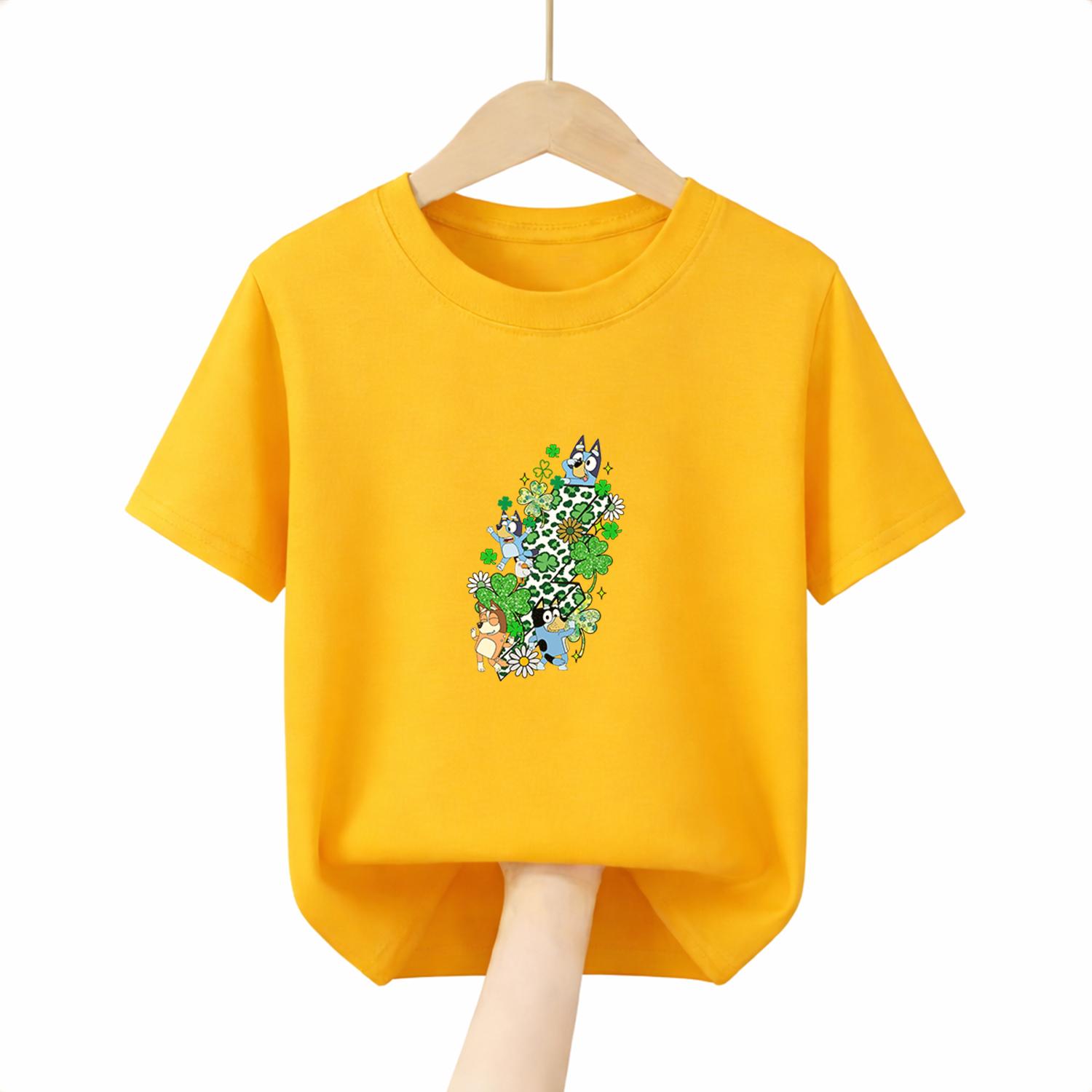 2026 New Yellow Hue T-Shirt Bluey Print for Kids Soft and Breathable Daily Top 110