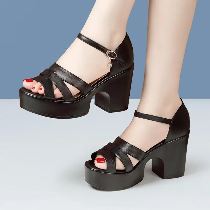 7cm 9cm Comfortable Quality Genuine Leather Sandals Women Summer 2025 Block High Heels Sandals Platform Shoes Office Mom Model