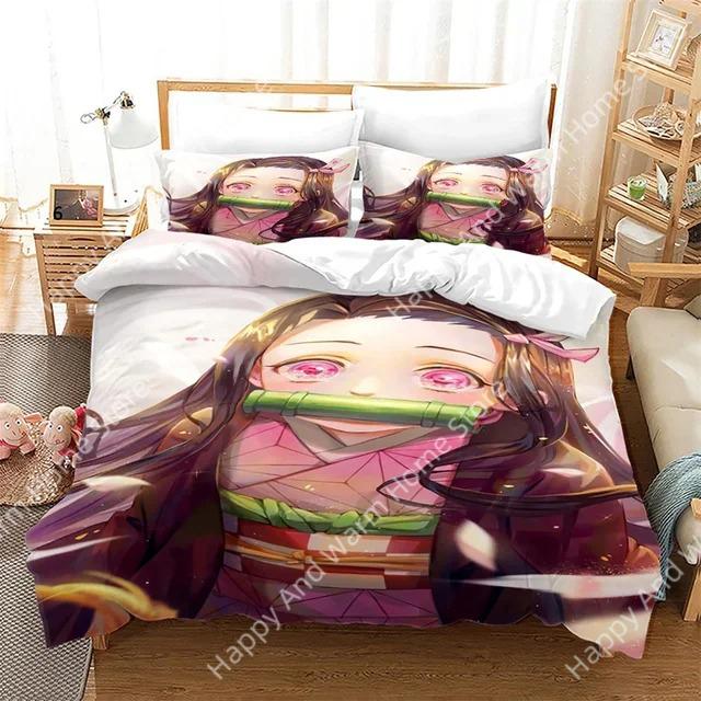 Anime Demon Slayer Beding Set Nezuko Kamado Soft Duvet Cover Warm Comforter Bed Linen Single Twin Ful Quen Sized Dimensions 3d Girl Young Boys Gift
