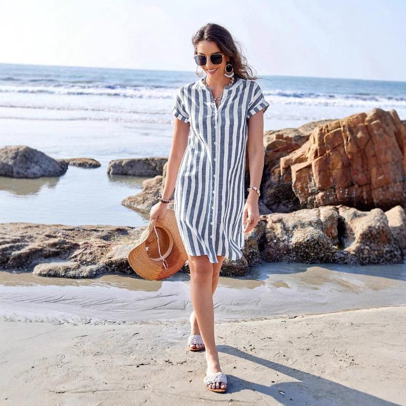 Women's Summer Shirt Is Fashionable Loose and Casual with A Casual Striped Dress