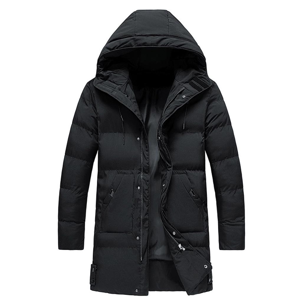 Men's Autumn Winter Zipper Warm Down Jacket Hooded Plush Solid Color  Cotton Coat