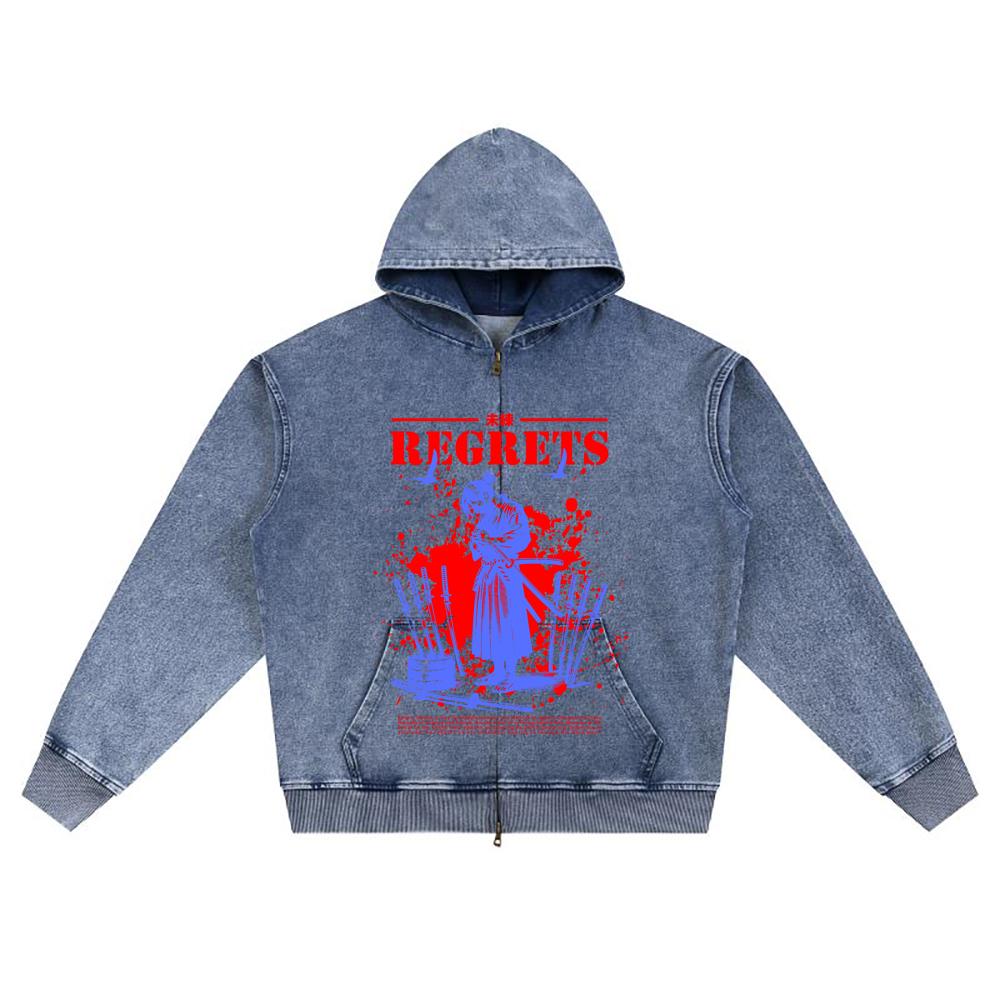 DTG print Knitted Denim Zip-Up Hoodie Japan Samurai Brother Print Zipper Hoodies  