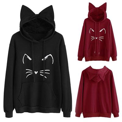 Womens Cat Ear Solid Long Sleeve Hoodie Sweatshirt Hooded Pullover Tops Blouse