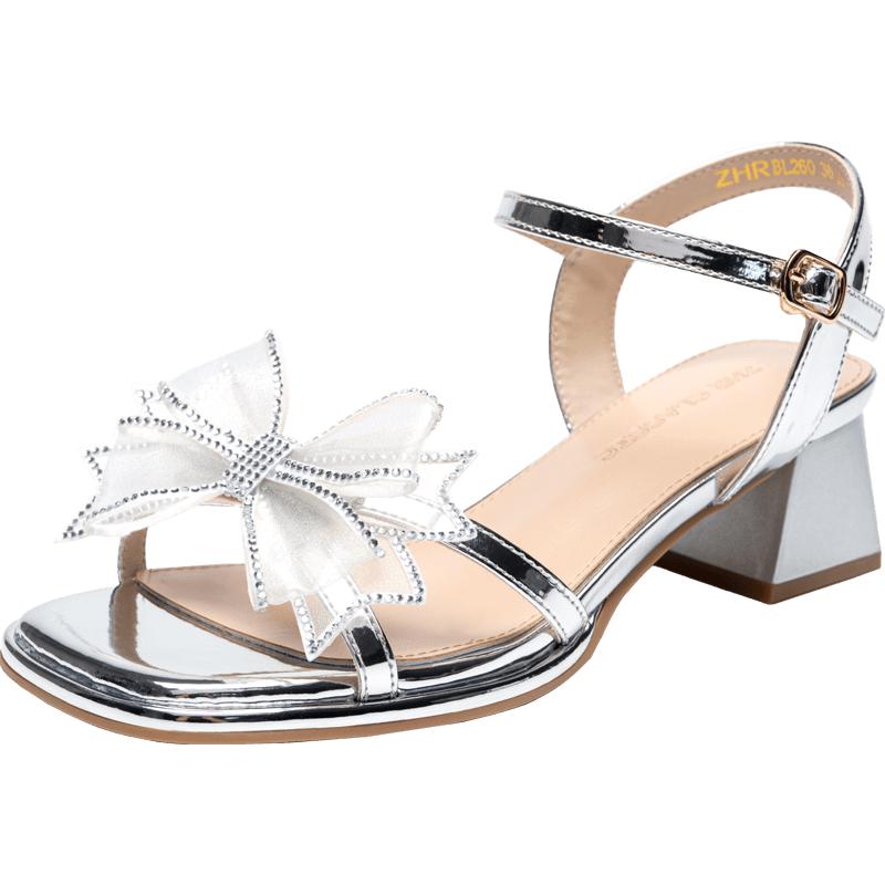 ZHR Elegant Chunky Heel Bowknot One-Strap Sandals 35 серебряный