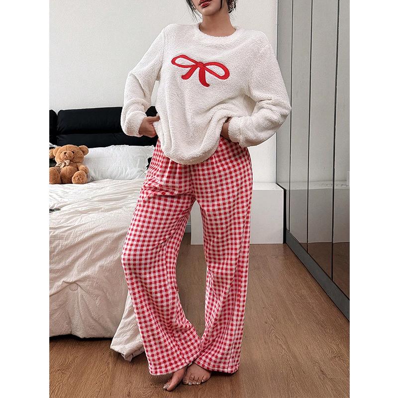 

Fluffy Embroidered Bow Women s Pajamas - Thick, Warm, Long Sleeve, Round Neck for Autumn/Winter Medium разноцветный